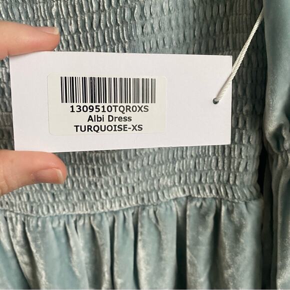 NEW Reformation Albi Long Sleeve Velvet Mini Dress in Turquoise Size XS - Picture 5 of 11